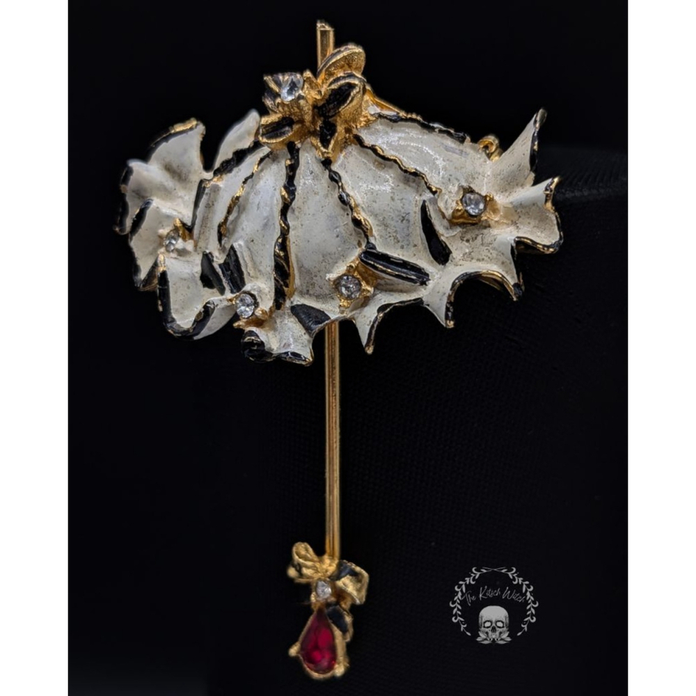 Vintage SIGNED BSK My Fair Lady Gold & White Umbrella Brooch w/ Red Rhinestone